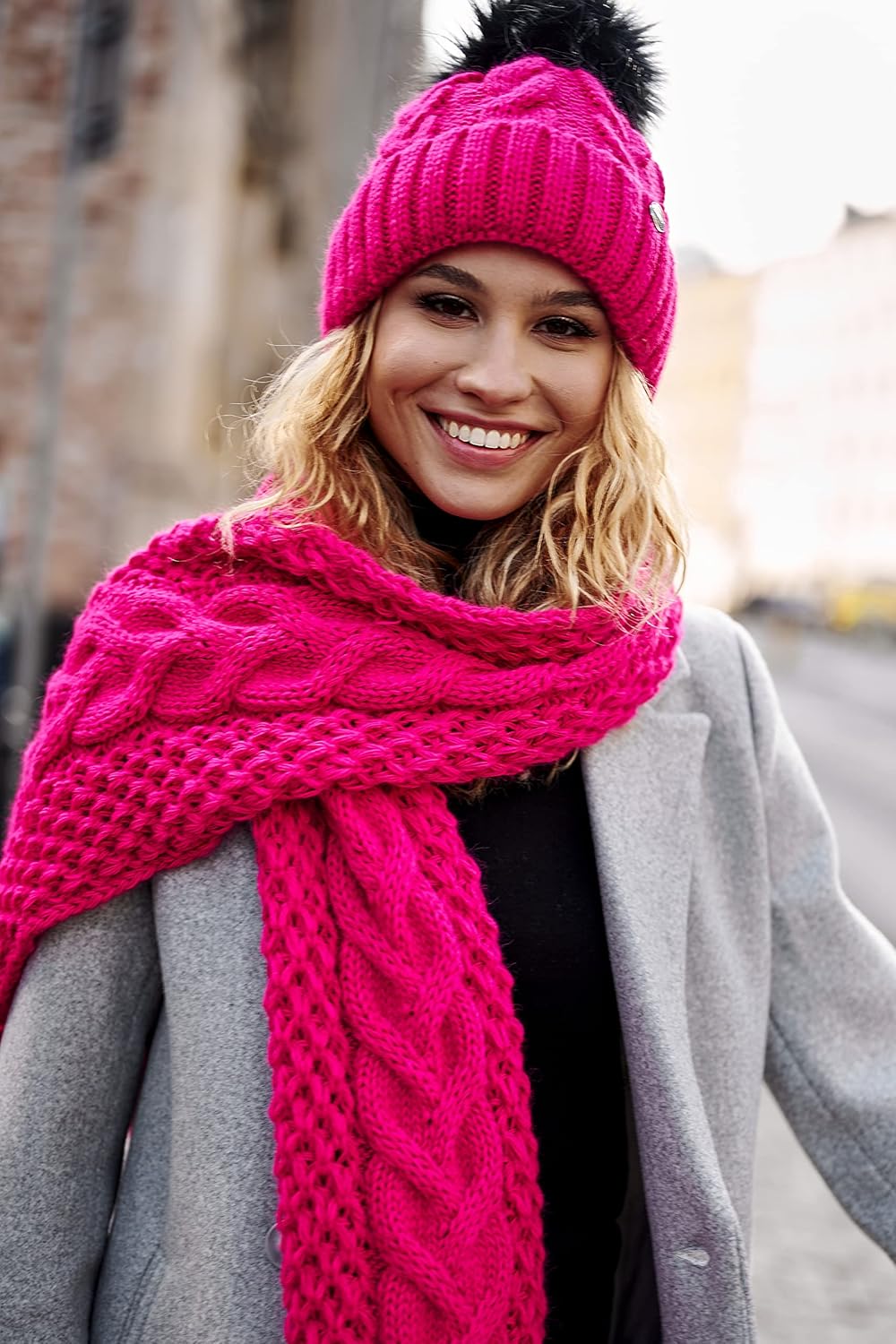 ELIMELI® Winter Mütze Damenmütze mit Fell-Bommel Fleece Innenfutter gefüttert - warme Damen Bommelmü