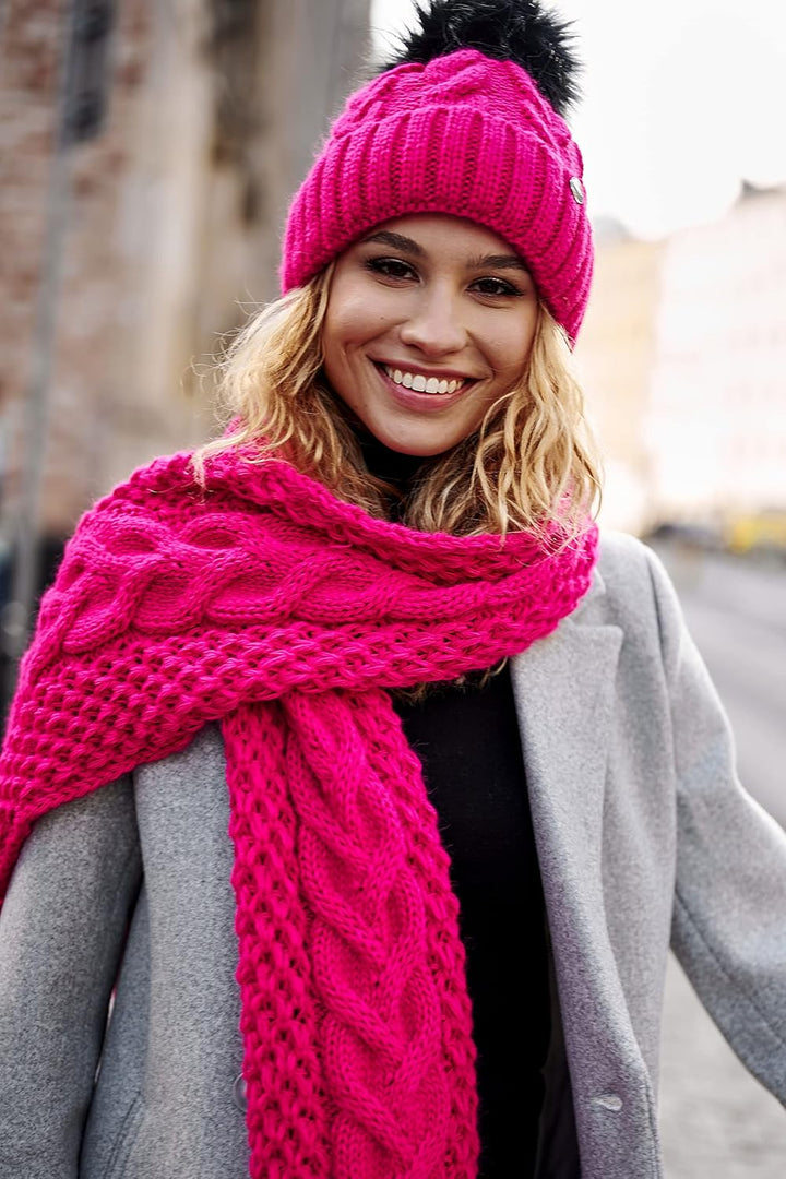 ELIMELI® Winter Mütze Damenmütze mit Fell-Bommel Fleece Innenfutter gefüttert - warme Damen Bommelmü