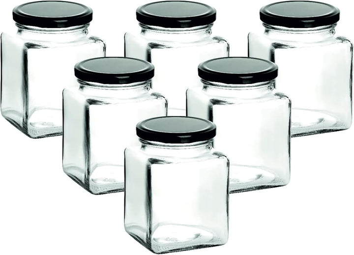 gouveo 24er Set Einmachgläser 730 ml eckig mit Schraub-Deckel schwarz - Grosse Vorratsgläser mit Dre