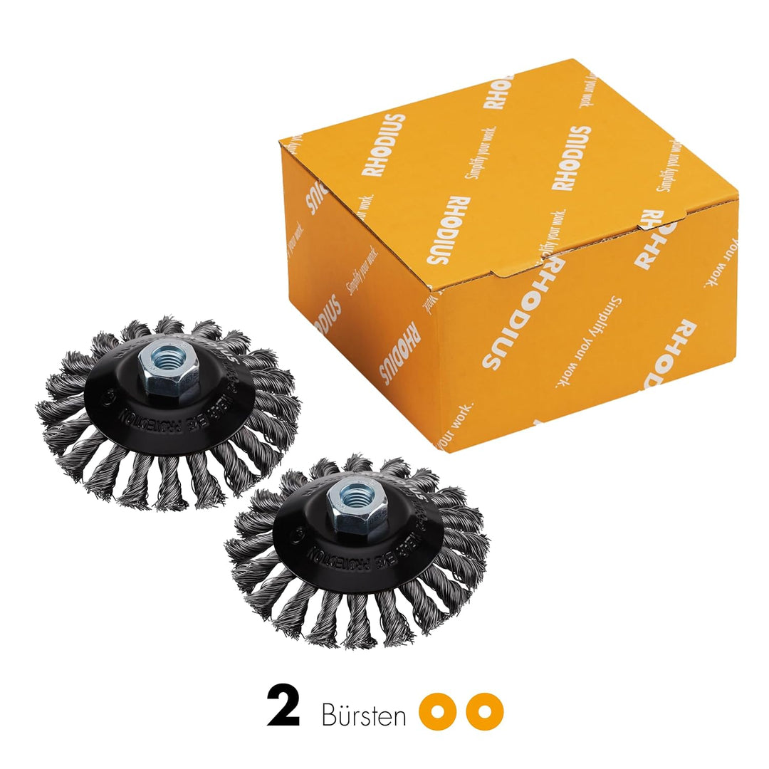RHODIUS SKBZ, 2x Kegelbürsten Stahl Ø 115 mm, gezopfter Draht 0,5 mm, M14, Drahtbürste Winkelschleif