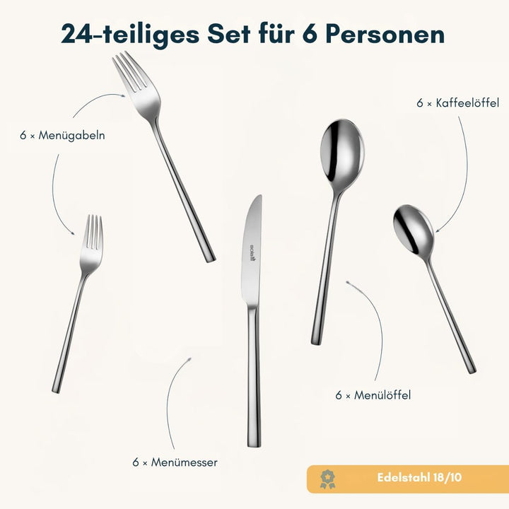 Sola Montreux Besteck Set - 6 Personen Essbesteck - 24 Teilig, 18/10 Rostfreiem Stahl - Robustes und