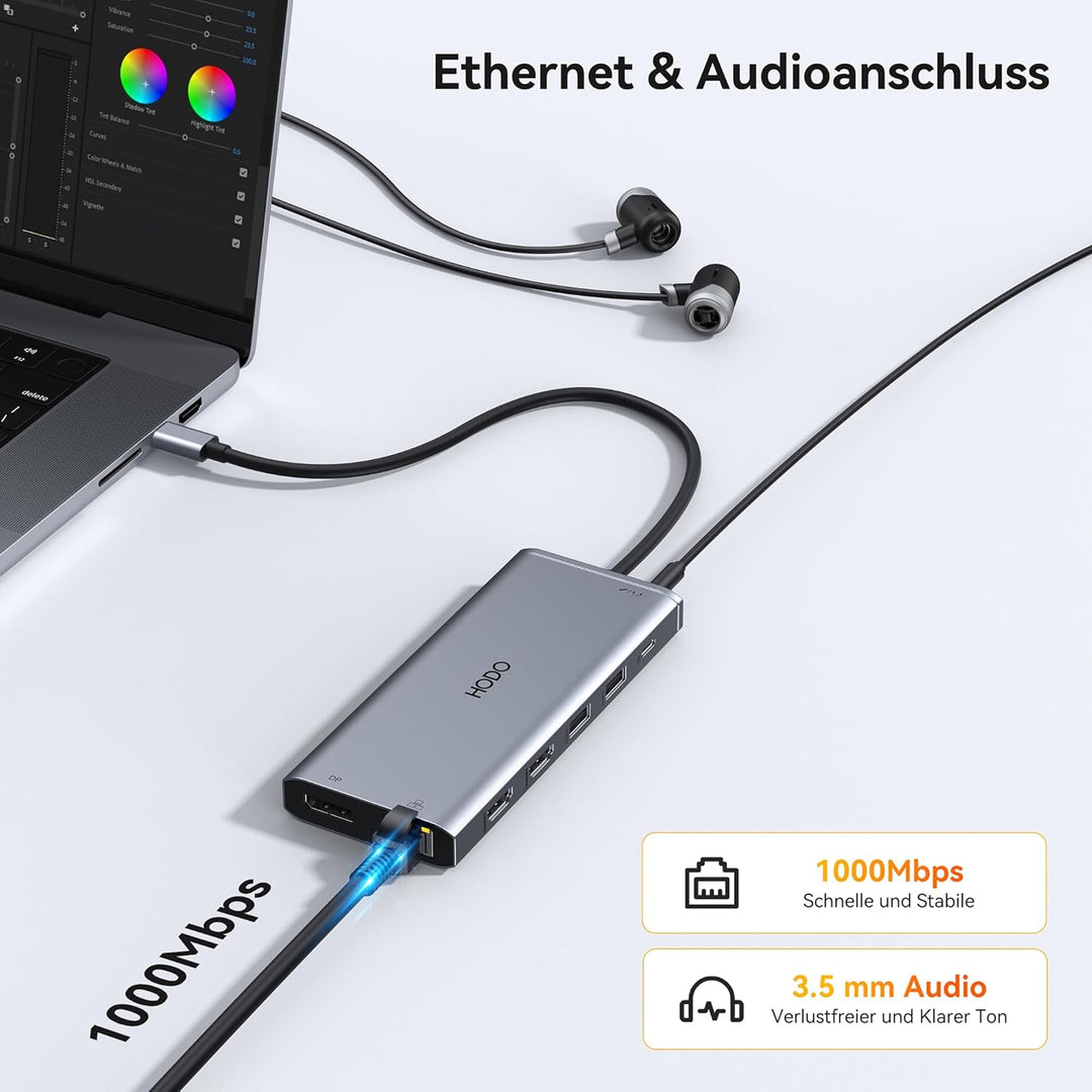 Dockingstation Laptop 2 Monitore, Docking Station USB C Hub Adapter 14 in 1 mit Dual HDMI, 10 Gbps D