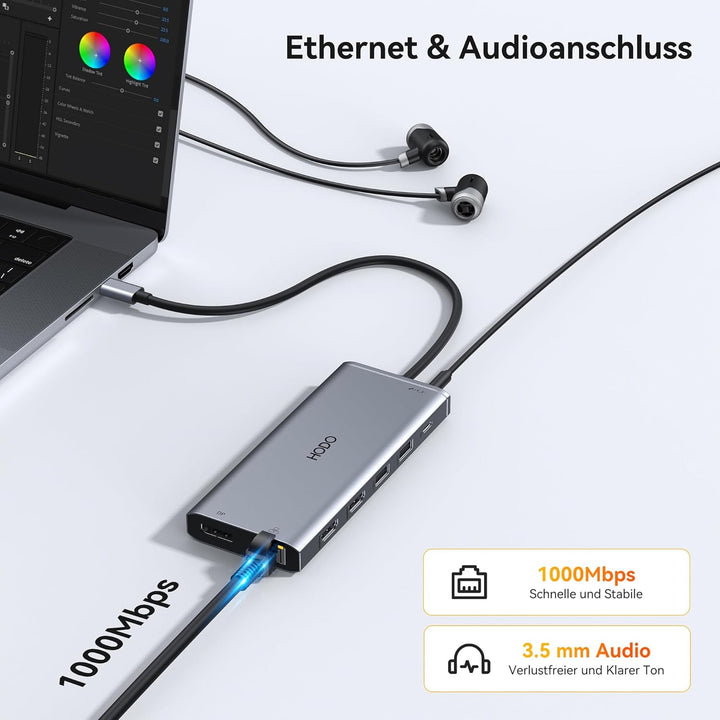 Dockingstation Laptop 2 Monitore, Docking Station USB C Hub Adapter 14 in 1 mit Dual HDMI, 10 Gbps D