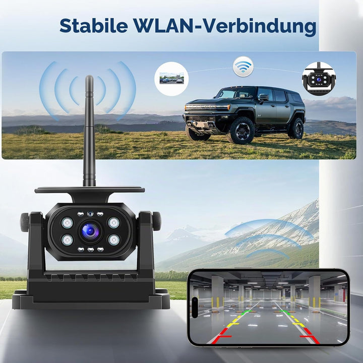Podofo Drahtlose Rückfahrkamera Stabiles WiFi, 1080P Rückfahrkamera mit Wasserdicht, Solaraufladung,