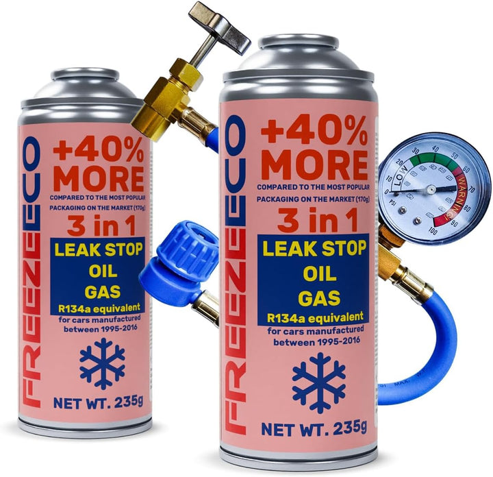2x 3-in-1 Ersatzkältemittel R134a für Klimaanlagen mit Öl und Dichtmittel + Schlauch + Tuch