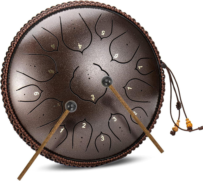 Amkoskr Stahlzungentrommel, 14 Zoll 35 cm Steel Tongue Drum, D-Dur 15 Noten, Handtrommel HandPan Dru