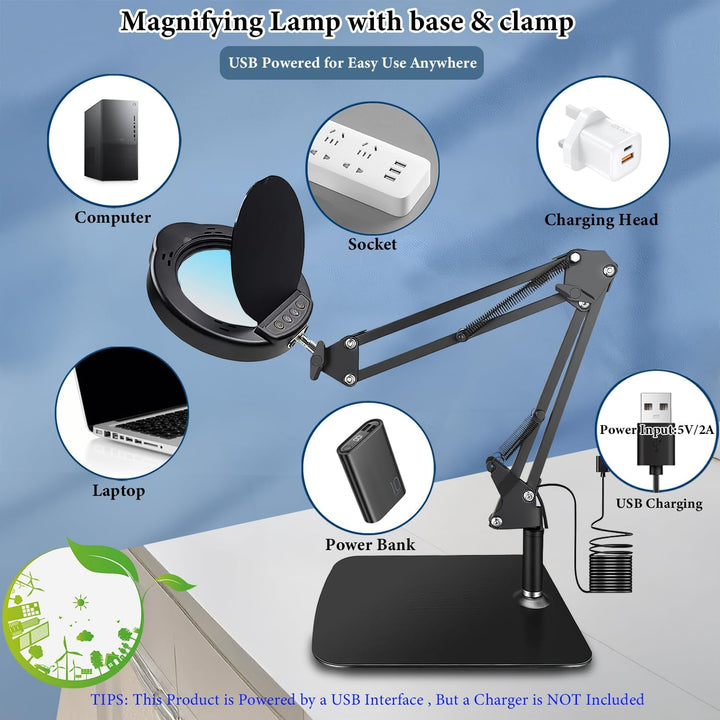 15X Magnifying Glass with Light and Clamp, LED Magnifying Lamp with Base, 5 Color Modes & 10 Brightn