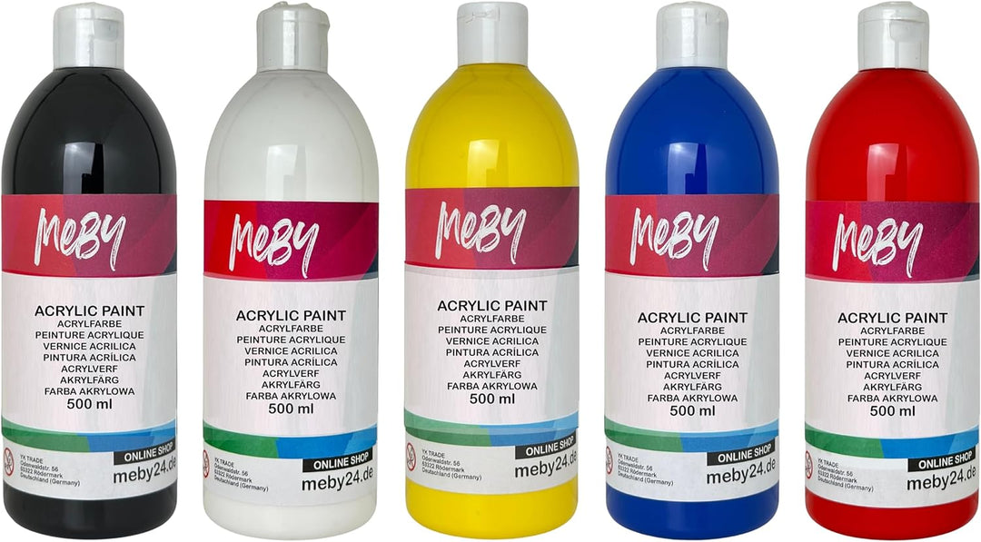 Acrylfarben-Set. 5 Farben je 500ml. Deckende Malfarben für Leinwand, Pouring, Papier, Holz, Stein, S