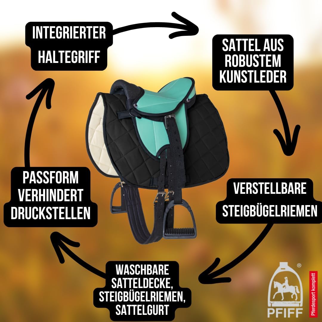 PFIFF 103106 Sattelset für Shettys oder Holzpferde, Komplettset, Kindersattel, Türkis, Türkis