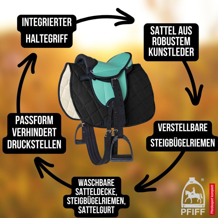 PFIFF 103106 Sattelset für Shettys oder Holzpferde, Komplettset, Kindersattel, Türkis, Türkis