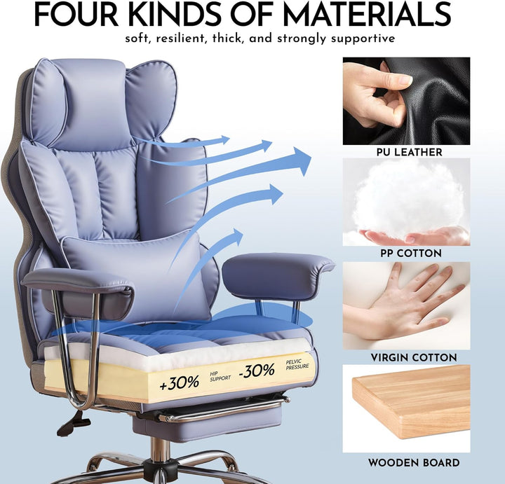 Efomao bürostuhl ergonomisch, PU Leder Chefsessel, bürostuhl 200 kg mit Fussstütze und Lendenwirbels