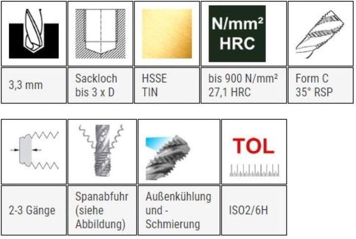 Baer Maschinengewindebohrer M4 Gewindebohrer HSSE TIN 35° RSP - Gewindeschneider M 4 x 0,7 - DIN 371