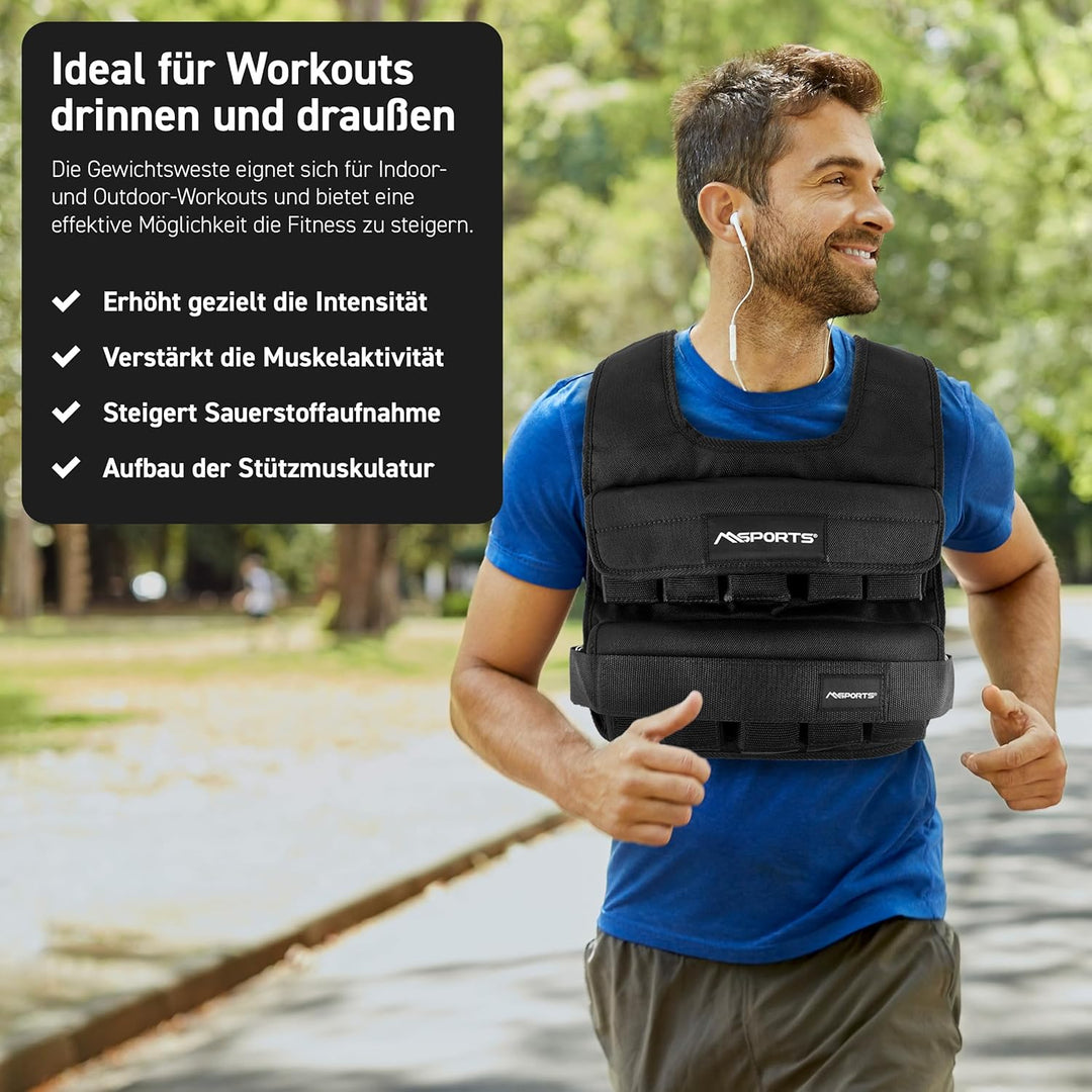 MSPORTS Gewichtsweste Premium Verstellbar von 5 kg - 30 kg Gewicht für Training Krafttraining 15 kg