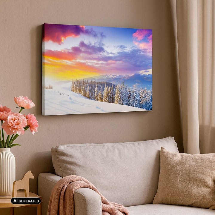 Bilder auf Leinwand 100x70cm Leinwandbild mit Rahmen Berge Schnee Winter Gross Wanddeko Bild Schlafz