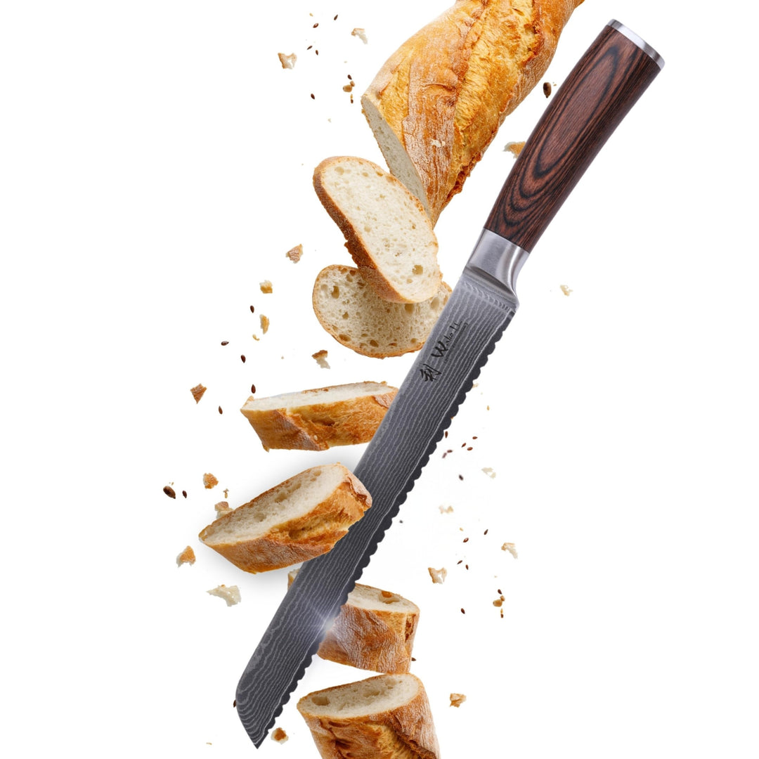 Wakoli EDIB Brotmesser Wellenschliff aus echtem Damaststahl (VG10 Kern) mit 23cm Klinge – Scharf & e