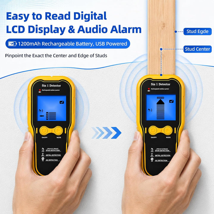 Leitungssucher Ortungsgerät 5-in-1 Wandscanner Detektor mit 1200mAh Akku, Kabelloser Stud Finder für