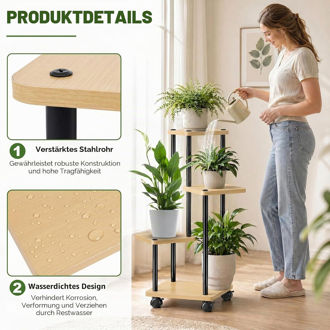 Blumenständer mit Rollen, 4 Etagen Pflanzenständer aus Metall und Holz, Platzsparend Indoor Pflanzen