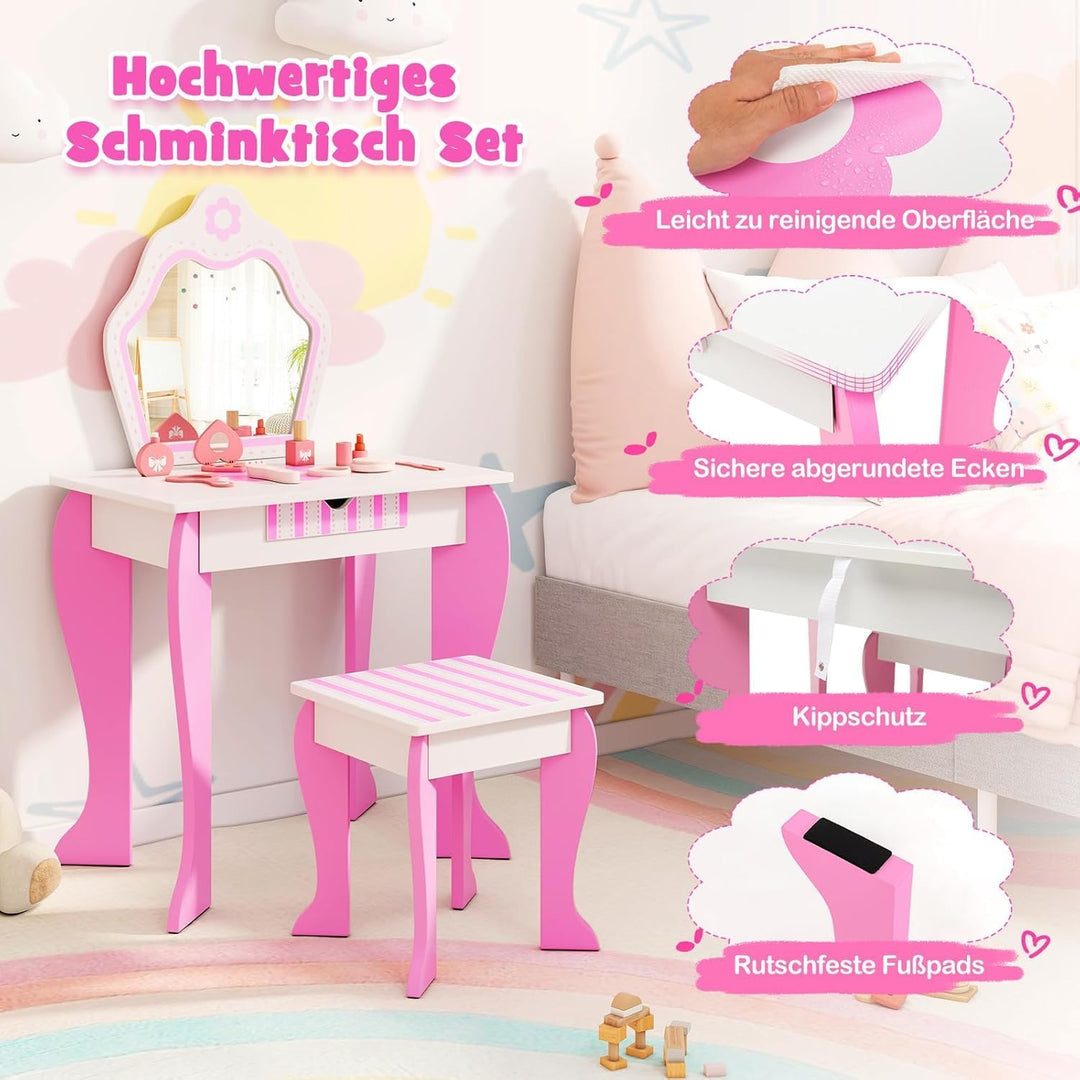 FANTASK Kinderschminktisch mit Hocker, Mädchenschminktisch mit abnehmbarem Spiegel & Schublade, Prin