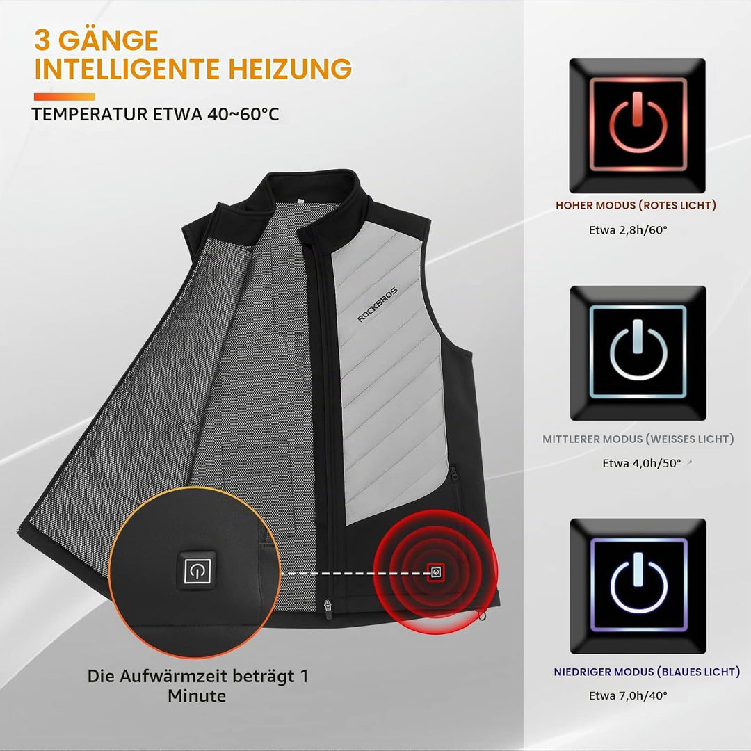 ROCKBROS Beheizte Weste USB Elektrische Heizweste mit 3 Temperaturstufen Waschbare Beheizbare Winter