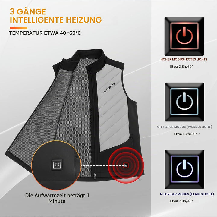 ROCKBROS Beheizte Weste USB Elektrische Heizweste mit 3 Temperaturstufen Waschbare Beheizbare Winter