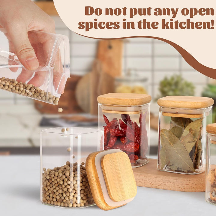 12er Set Gewürzgläser eckig 200 ml luftdicht mit Holzdeckel,Gewürzdosen Set Glas,Gewürzbehälter Spic