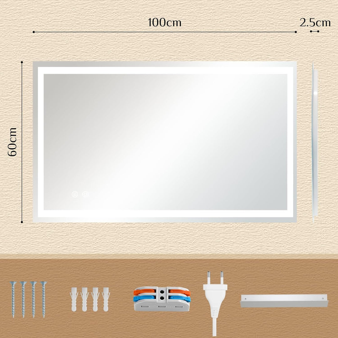 Badspiegel mit Beleuchtung 100×60 cm, LED Spiegel mit 3 Lichtfarben Dimmbar, Gehärtetes Glas Explosi