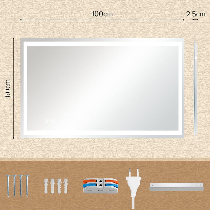 Badspiegel mit Beleuchtung 100×60 cm, LED Spiegel mit 3 Lichtfarben Dimmbar, Gehärtetes Glas Explosi