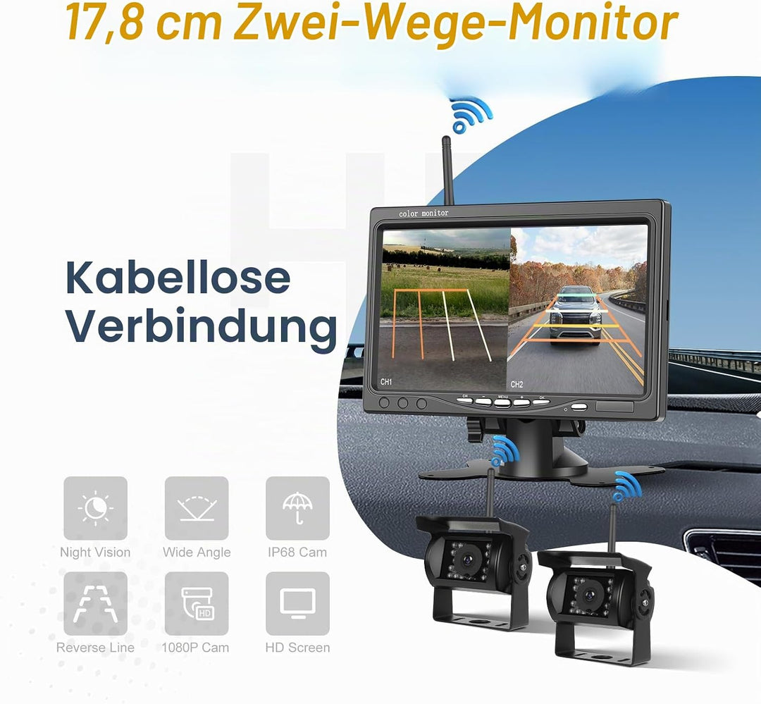 Hikity 1080P Kabellos Dual Rückfahrkamera 7&