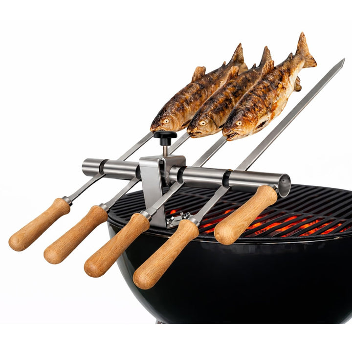 Premium Steckerlfisch Grillhalter für Gas- &amp; Kohlegrills - Platz für 4 Fische - Fisch Grill Aufsatz