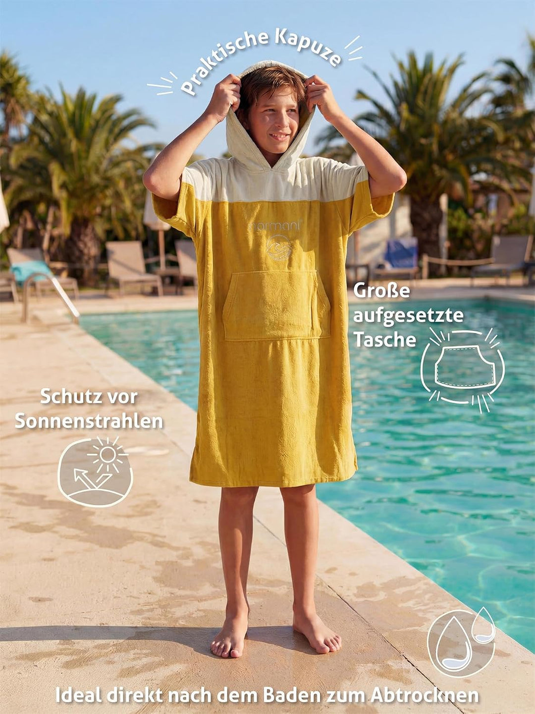normani Teenager Frottee Badeponcho aus Bio-Baumwolle für Jungen und Mädchen - Strandponcho Surfer P