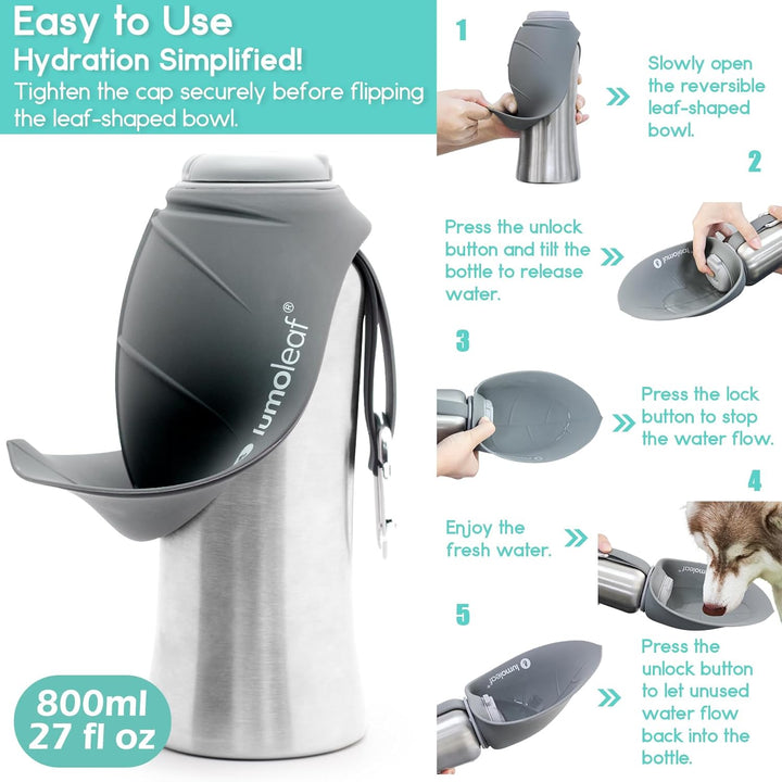 LumoLeaf Hundetrinkflasche für unterwegs, 800ml Edelstahl Trinkflasche Hund, Tragbare Haustier Wasse
