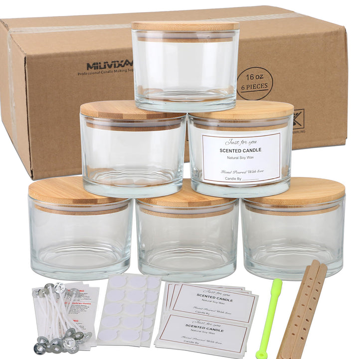 MILIVIXAY 6 x 473 ml Kerzengläser mit Bambusdeckel und Kerzenherstellungs-Kits – 3 Docht-Kerzenglas,