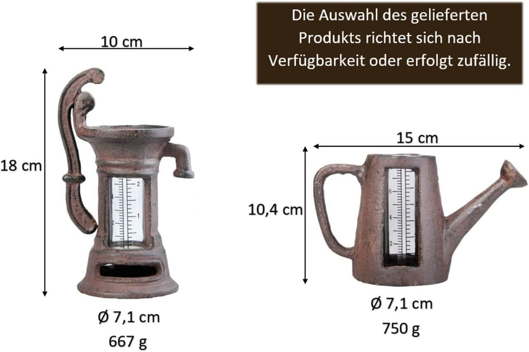 degawo Regenmesser Gusseisen Sortiert - Kanne oder Pumpe mit Glas, Landhaus Deko