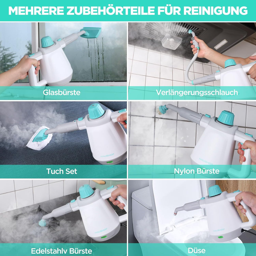 HAUSHOF Dampfreiniger Handgerät 450ml, 1200W Hand Dampfreiniger für alles mit 8 Zubehör, 3,0 bar Dam