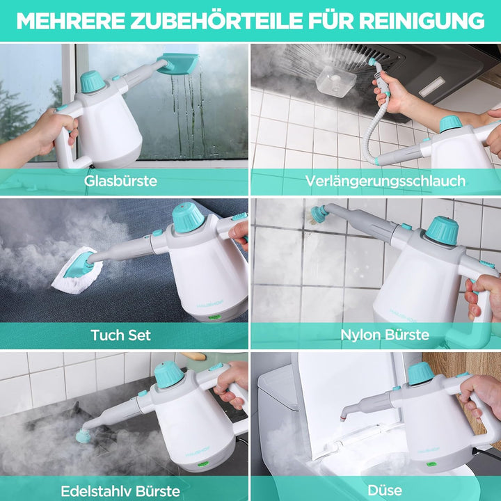 HAUSHOF Dampfreiniger Handgerät 450ml, 1200W Hand Dampfreiniger für alles mit 8 Zubehör, 3,0 bar Dam