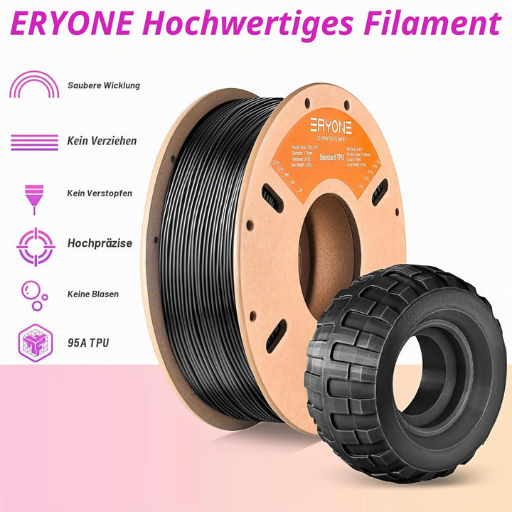 ERYONE TPU Filament 1.75mm, 3D Drucker Filament TPU 0.5kg 1 Spool, -0.05mm, Schwarz A-TPU-Schwarz, A