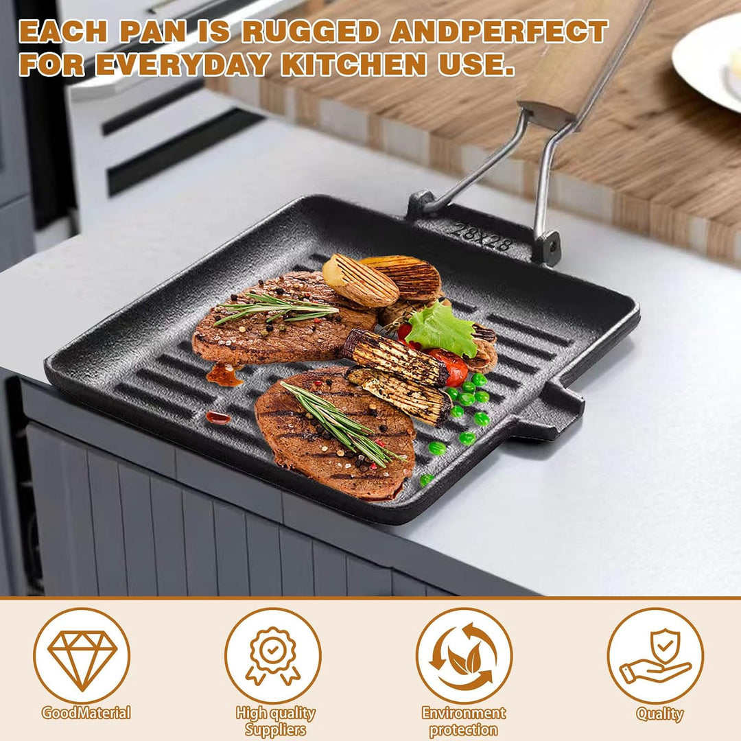 Steakpfanne Gusseisen 28X28cm, Grillpfanne Induktion mit Klappbarem Holzgriff, Viereckige Grillplatt