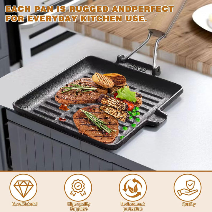 Steakpfanne Gusseisen 28X28cm, Grillpfanne Induktion mit Klappbarem Holzgriff, Viereckige Grillplatt