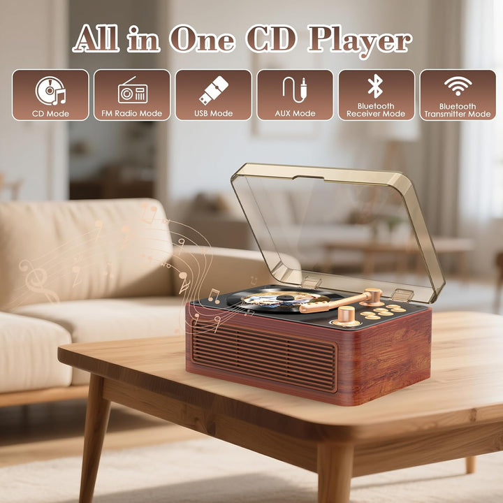 Gueray Tragbarer Bluetooth CD-Player mit Lautsprechern 3600mAh Wiederaufladbarer Vintage CD Spieler