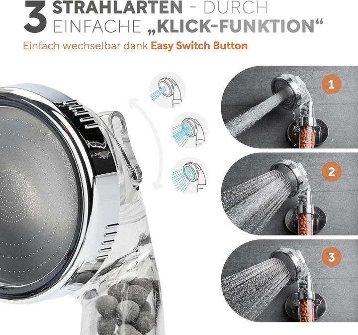 Premium Duschkopf mit Mineralsteinen von happydrop - Die wassersparende Handbrause druckerhöhend mit