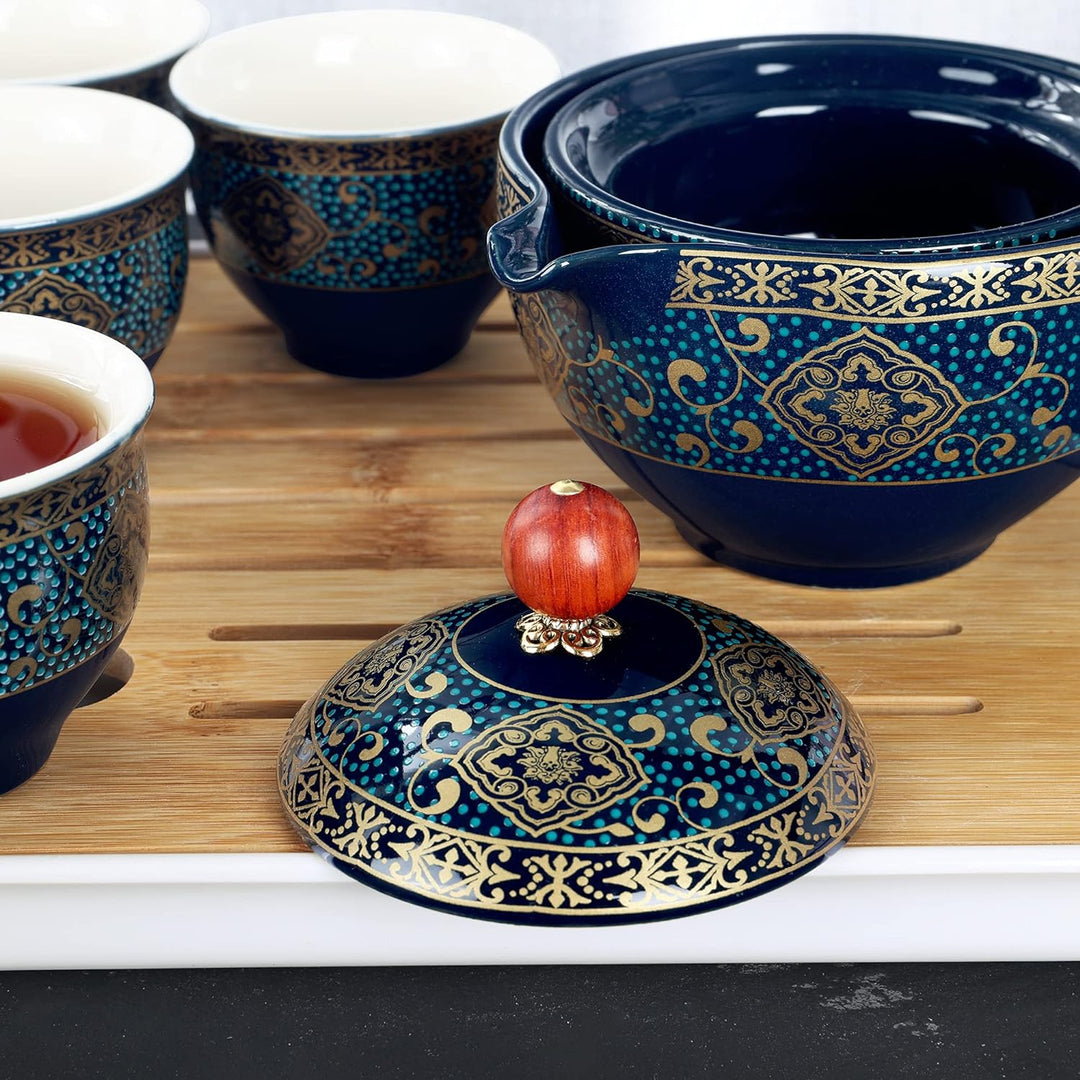 fanquare Porzellan Tragbares Reise Tee Set, Gold Blumen Muster, 4 Tassen, Teekanne und Bambus Tee Ta