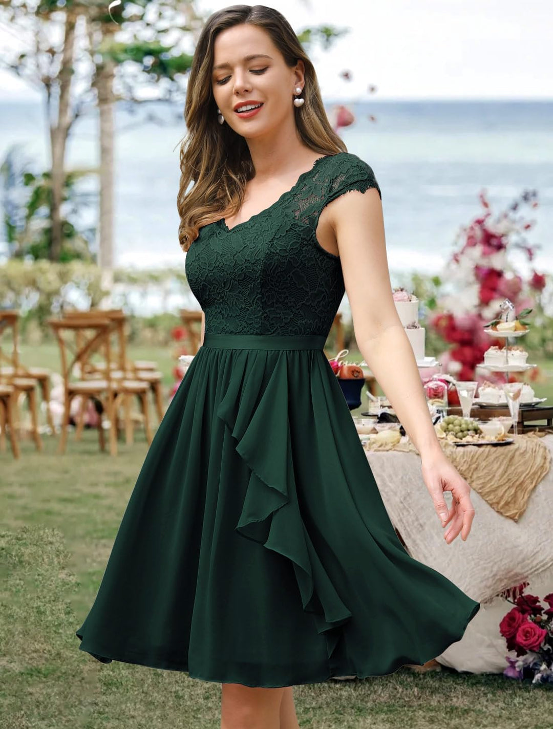 Wedtrend Cocktailkleid Damen Knielang Abendkleid Elegant für Hochzeit Elegant A Linie Rüschenkleid D