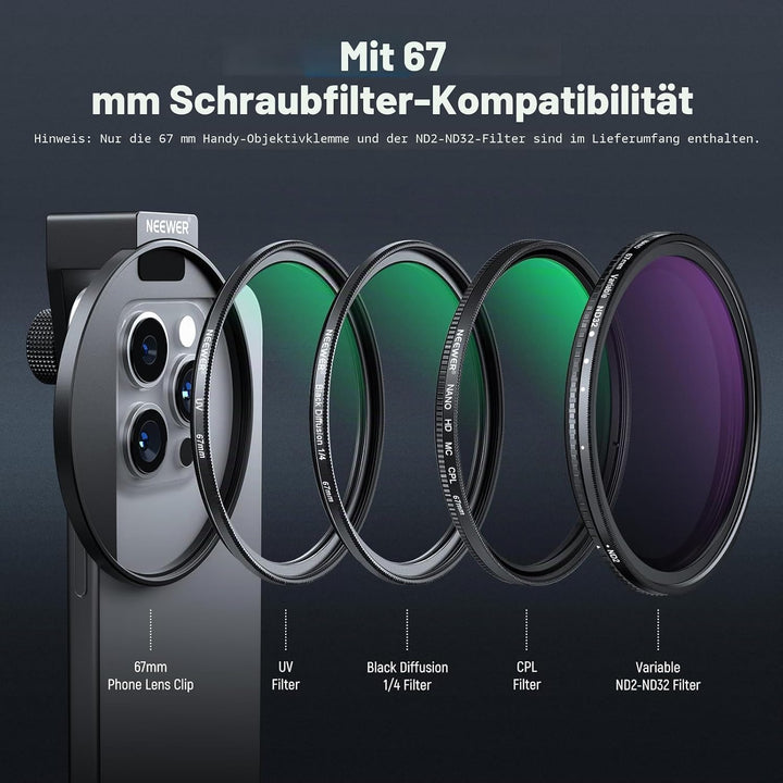 Neewer 67 mm Variables ND2-ND32 Handy-Objektivfilter-Set, Handy-Clip mit Gewindeadapterring/Kaltschu