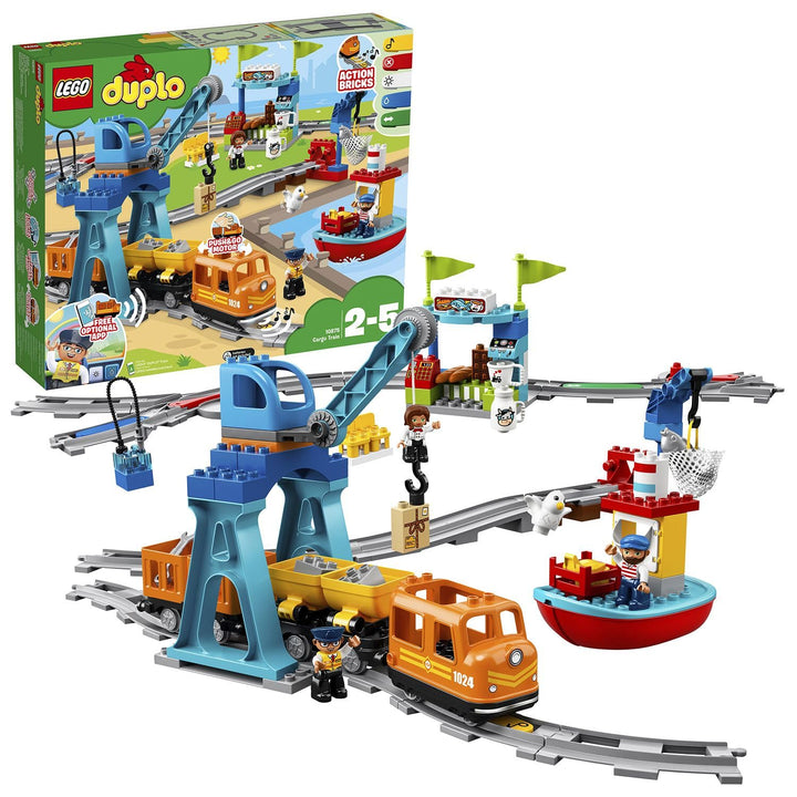 LEGO DUPLO Güterzug, „Push & Go“-Lok mit Lichtern und Geräuschen, Funktionssteinen und 2 Kranen, Spi