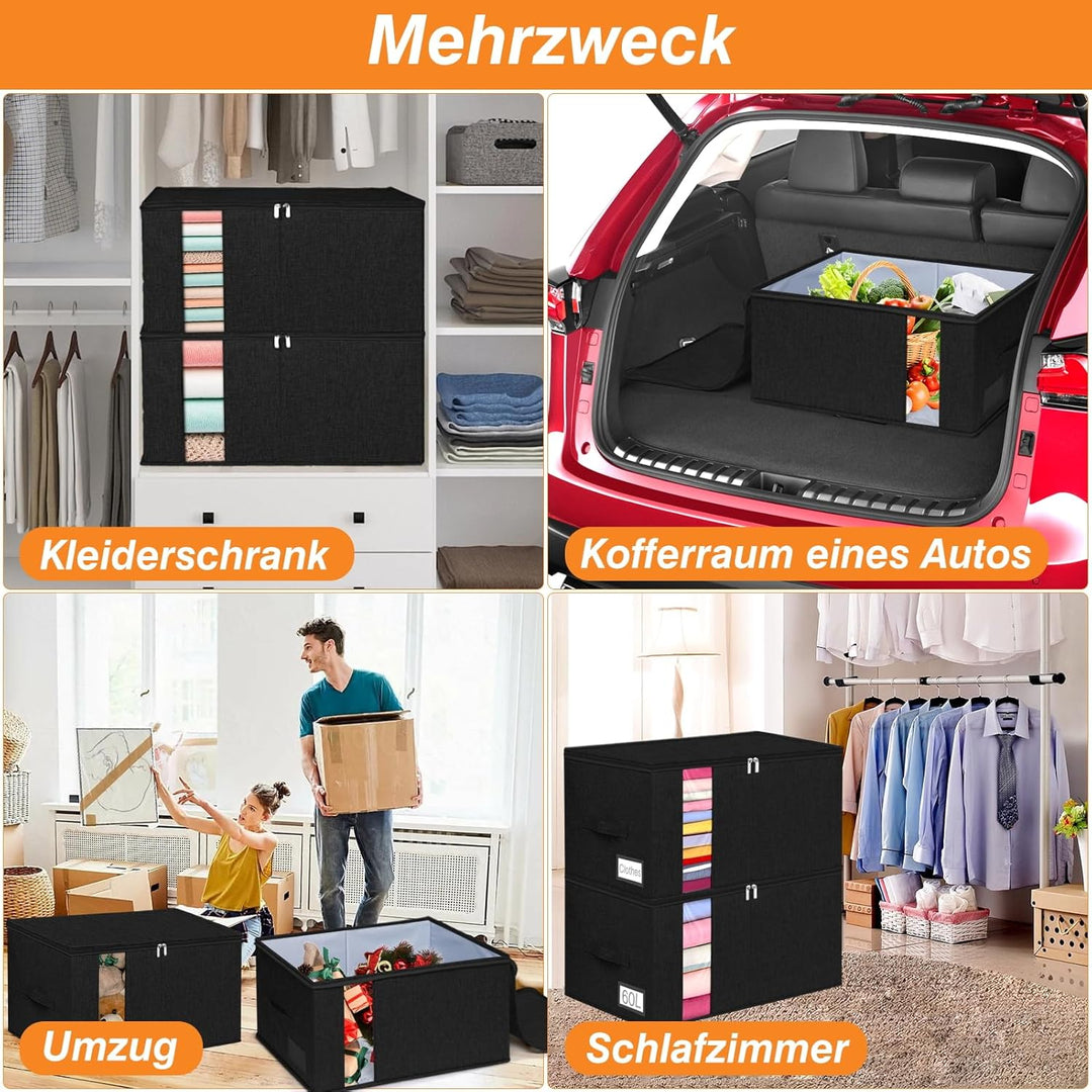60L Grosse Kleidung Aufbewahrungsbox Stoff mit Reissverschlüssen, Seiten- und Bodenschutz, 2er-Pack