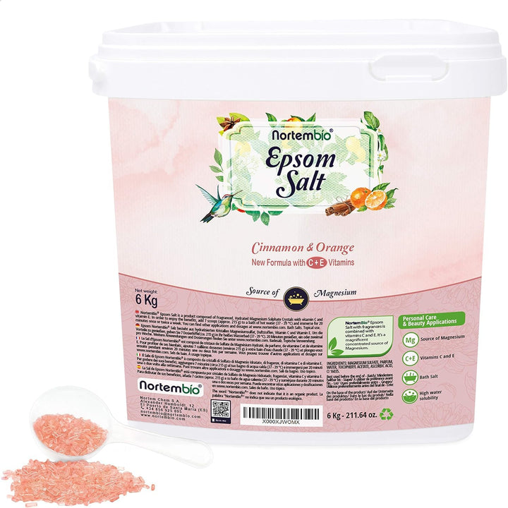 Nortembio Epsom Salz 6 Kg. Neuartigen Duft von Zimt Orange. Hydratisiert mit Vitamin C und E. Badesa