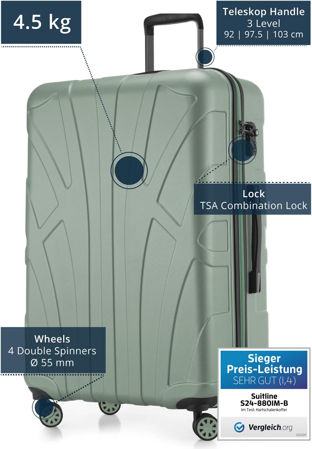 suitline - Grosser Hartschalen-Koffer Koffer Trolley Rollkoffer XL Reisekoffer, TSA, 76 cm, ca. 96-1