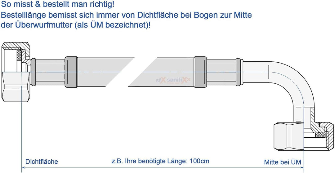 SFX® Flexschlauch 70cm Panzerschlauch 1/2 Zoll ÜM x 1/2 Zoll ÜM mit 90°Bogen Edelstahlgeflecht Wasse