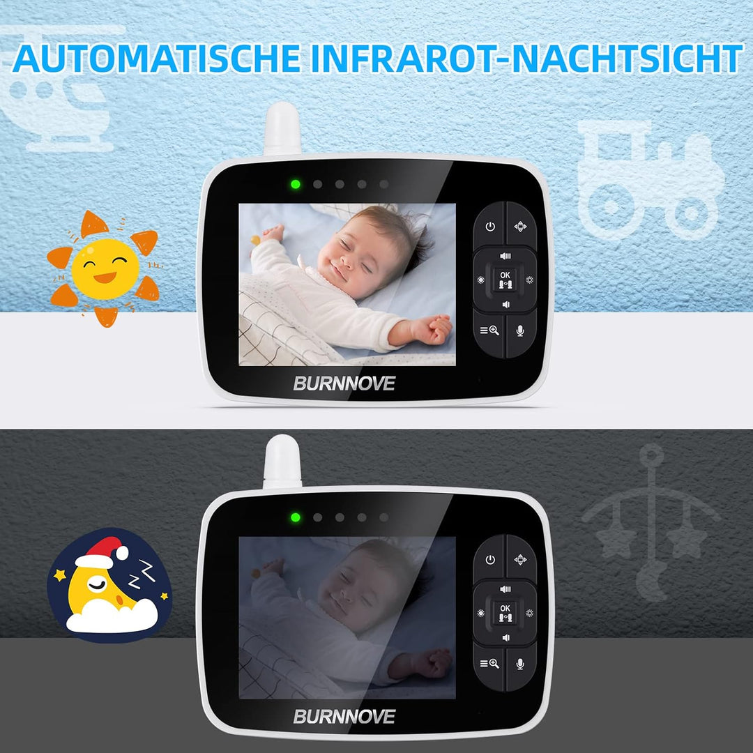 BURNNOVE Babyphone mit Kamera 3,5 Zoll Video Babyphone 355° Schwenk- & 120° Neigefunktion 2X Digital