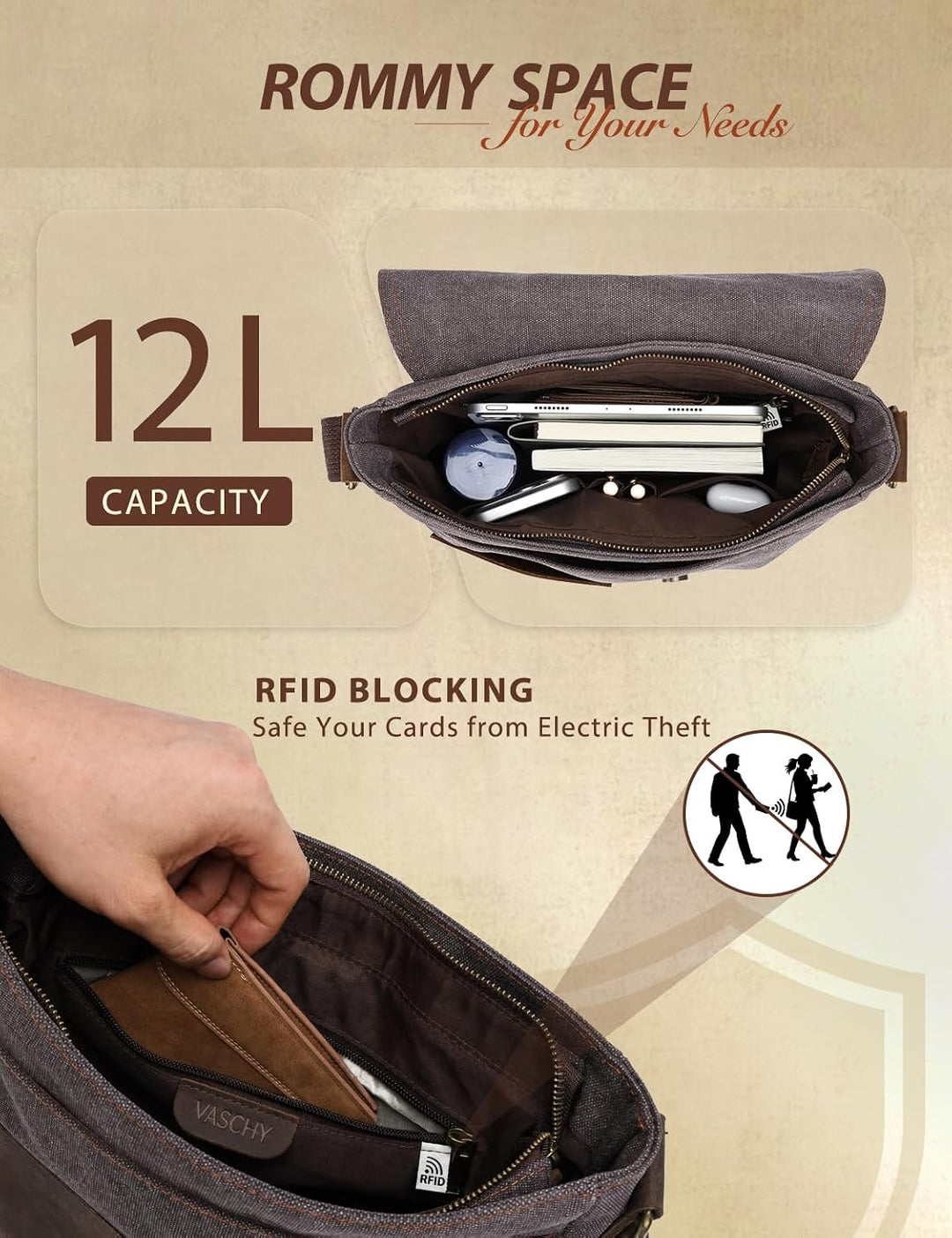 VASCHY Umhängetasche Herren mit RFID-Schutz,Vintage Messenger Bag Herrentasche Schultertasche Kurier